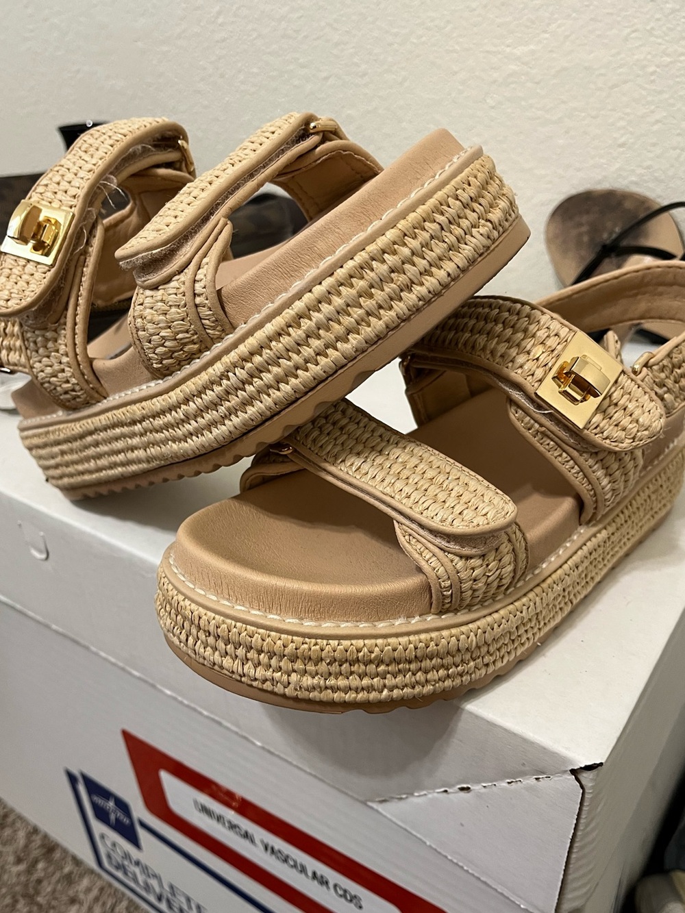 Steve Madden Beige Woven Platform Sandals with Gold Buckle